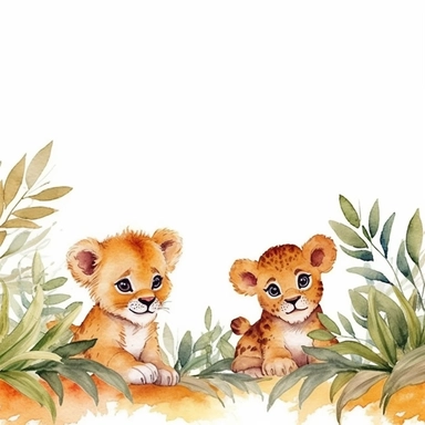 page border of cute baby lions playing in the jungle, clipart, white background, page border style, watercolor--q2--v5.1--s1000