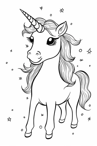 cute unicorn playing depicted in the style of clipart, white background, vector lines, in the style of a coloring book, thick, clear,lines, black and white,