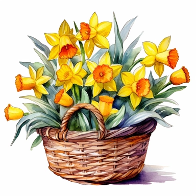 a watercolor basket filled with daffodils with leaves, clipart, white background, high detail, bold color, hd, 32k