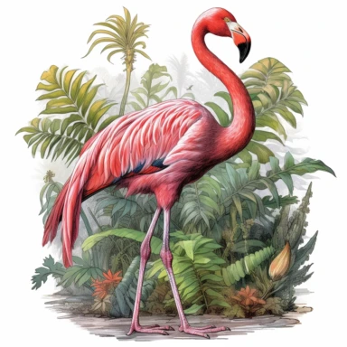 flamingo standing in large tropical forest with full tropical plants, full body, watercolor styles, clear background, Sublimation Clipart,hyper realistic, intricate detail, illustration style, isolated on white background for removing background
