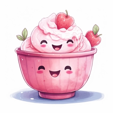 kawaii cute pink bowl of ice cream , super cute, so adorable that is breaks your heart, full body, watercolor clipart, isolated on white background, cute-core