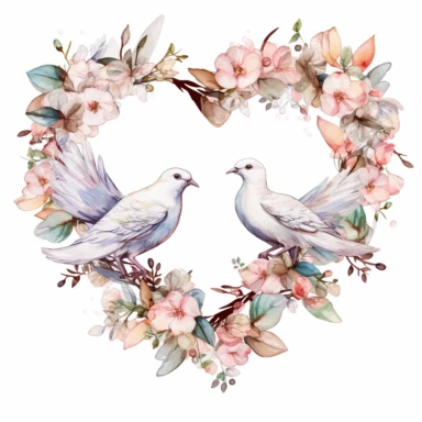 watercolor clipart of wedding doves kissing inside a floral heart wreath, colored ink illustration, good composition, vector, contour, isolated white background, 26k