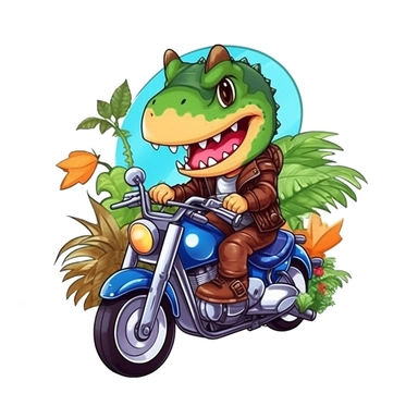 Create a clipart of a cute dinosaur in a leather jacket riding a motorcycle. Vibrant and lively colors. Kawaii style. Jungle trees before a White Background, soft lighting.