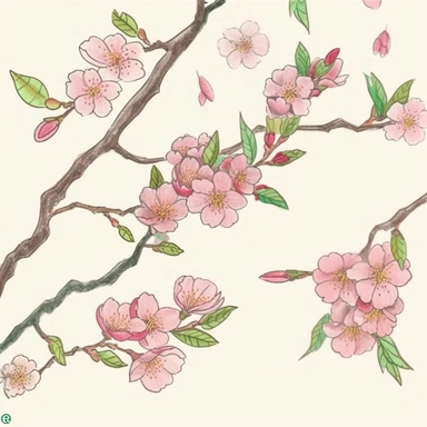 sakura drawing clipart art free, in the style of intricate, delicate flower and garden paintings, light magenta and emerald, miniature and small-scale paintings, precisionist art, whimsical watercolors, decorative relief, light pink and light brown