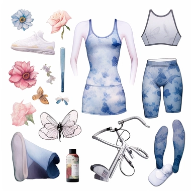 clipart,christian dior and alexander mcqueen lululemon inspired fashion items leggings, sports bras, water bottles, yoga mats, clipart, t - shirt design, isolated on solid white background, png, vector t - shirt design