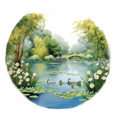 A tranquil pond, surrounded by weeping willows and blooming water lilies, adds a serene touch to the vibrant Spring garden, ,clipart, on a white background.