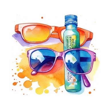 watercolor colorful clipart of a sunglasses and sunscreen, hd, on white background