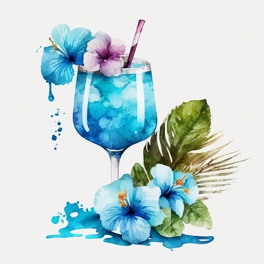 Cocktail Clipart, blue hawaiian, watercolour style, white background, no text in PNG file