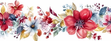 watercolor christmas flower border, clipart isolated on clear white background, bright colors, boho, lithograph, 32k uhd, textural
