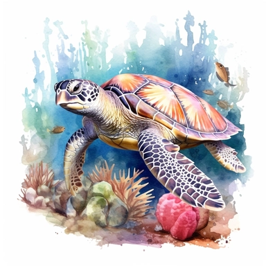 watercolor sea turtle next to coral reef clipart, creative and detailed, white background