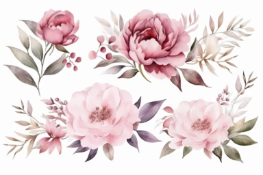 Watercolor flowers clipart set . Peony floral set. Pink, white, burgundy flower and leaves. Illustration for greeting card, DIY wedding invitation, bridal showers, baby showers, printable home decor , 8k, wallpaper, realistic,