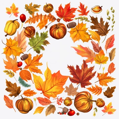 Create clipart sets showcasing the vibrant colors of fall foliage, including different types of leaves, acorns, pumpkins, and autumn wreaths, sharp clear lines hyper detailed high resolution white background