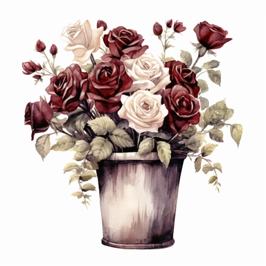 Watercolor dark Burgundy and white Roses Clipart, flower on a big pot