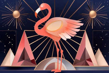 roaring twenties flamingo club clipart, art deco, pink navy rosegold gold, aesthetic, sparklecore, stylized, fantastic realism,