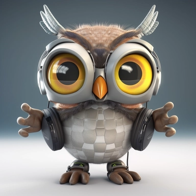 please create pixar style character clipart of an owl wearing headset hip hop, back view with arms flexing, head turned