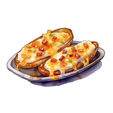 watercolor detailed illustration of Loaded potato skins with cheese, clipart, white background