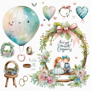 wedding rings tied with a ribbon , cute wedding illustrations clipart set, ILLUSTRATIONS FOR THE BOOK, cartoon elements, different variants, girl with long hair in a wedding veil, wedding, husband and wife Love , Hearts balloons , veil, garland, wooden elements, sit on a bench , on the car, white transparent background separate elements with a margin Watercolor