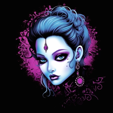 Produce a clipart illustration of a goth woman with eyes that emit an ethereal glow. Add a generous amount of vibrant colors to her attire, while ensuring the image is highly detailed and sharp. The background should be plain white