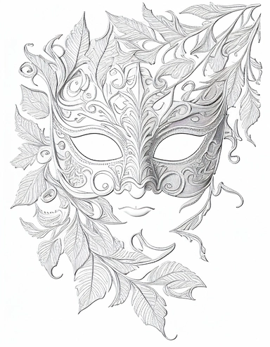 white coloring page of a white masquerade mask with intricate cut-outs, delicate linework, simplified line work, free brushwork, 15th century vintage masquerade for adults black and white drawings, in the style of tanya shatseva, in the style of fantasy illustrations, in the style of fantasy illustrations, in the style of art nouveau-inspired illustrations, in the style of intricate pen drawings, in the style of intricate linework, in the style of detailed linework, kinuko y. craft, luca della r