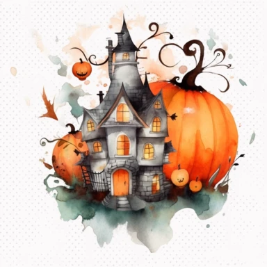 one halloween pumpkin house background clipart on a white background, in the style of Watercolor, poured resin, realistic watercolors, light brown and white, tupinipunk, transparent layers, no watermark, text, 300 DPI , typography, shapes do not stick together, no text in the picture, on a white background