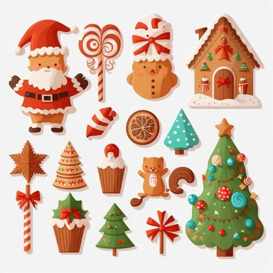 Various kinds christmas elements, tree, presents, bell, ribbon, Gingerbread, 2d graphics, flat design, vector sticker design, Christmas caroler clipart, white background, flat colors, no shadow
