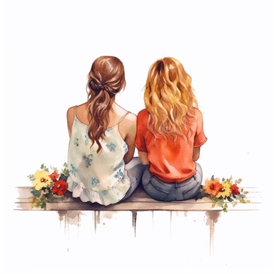 2 beautiful best friend girls sitting together back view illustration clipart, high detailed, white background, illustration painting, digital art, 8k, hd, watercolor