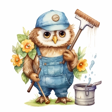 a serene watercolor clipart image with a white background, featuring a peaceful cute cartoon owl gardener