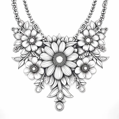 necklace with flowers Coloring book page , line drawing of Beautiful realistic flowers fantasy coloring book clip art simple, simple clean lines, bold outlines, black and white, on a white background