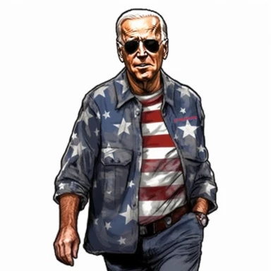 Joe Biden in sunglasses with american flag on his head, Joe Biden, illustrator style, clipart, man, stroke line black, white background, FULL BODY