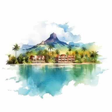 Watercolor drawing of beautiful picturesque dreamy Bora Bora islands landscape, scenery watercolor clipart, white background, isolated on white, 8k, watercolor style