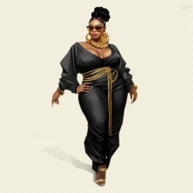 ??????socialite black woman bods, plus size, long massive braids, full glam, fashion icon, dripping gold rush, talented and good vibes, dressy pant and couture frilly flow top, clipart, white background