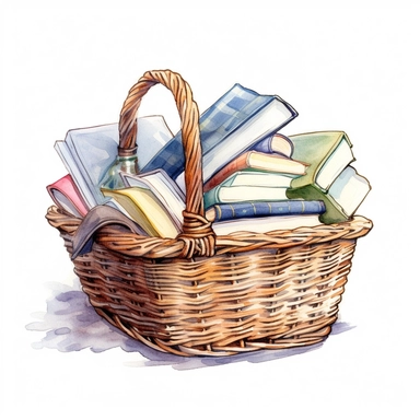 books neatly piled in a picknick basket in cottagecore style. clipart. white background