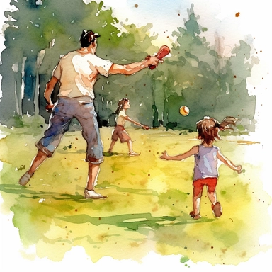 dad playing baseball with the kids in the backyard, clip art, watercolor style--q2--v5.1--s1000