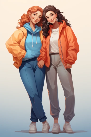 two fullbody women at their backs , best friends, wearing blue pants and jackets, clipart