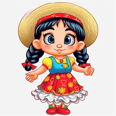 a cute blond little girl dressed for a brazilian junina party, with a blue and yellow flowing dress, braids in her hair, red shoes, happy, Monica's gang style, Graphics Maurício de Sousa, digital art, big eyes, cartoon, clipart , country girl from festa junina from brazil cute drawing white background