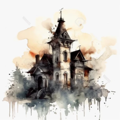 isolated clipart image of a spooky gothic house with intricate architectural details, twisted spires, and looming shadows, each house unique in its design, showcasing different elements like pointed windows, wrought-iron gates, and weathered stone walls, surrounded by a foggy atmosphere that adds a sense of mystery and intrigue, watercolor painting, delicate brushstrokes capturing the eerie charm,