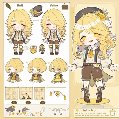 character sheet, knoling, clipart, inventory catalog, cute chibi character, golden wavy long hair, long bangs, yellow-green eyes, flat chest, beautiful young boy, gothic, frill, lace shirt, high West brown shorts, yellow bird, mimosa, yellow jewelry, ribbon