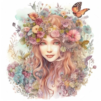 A beautiful fairy princess,flowers, soft color,pastel color,in the style of James Christensen,clipart, watercolor style, fantasy, ultra