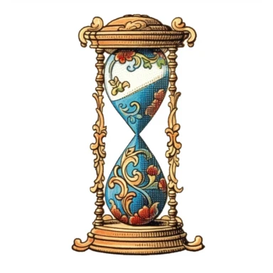 a vintage decorative hourglass, 1920s art, color, clipart, white background