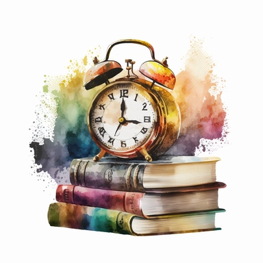 Vintage Alarm Clock with Books Sublimation water color, clipart, 8k, white background