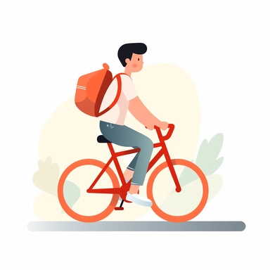 vector design, boy riding a bike to school, flat modern illustration, clipart, very simple picture, white background, soft gradient transition, in the style of warm color palette, natural pastel colors, in orange, red, black colors, object portraiture specialist, uniformly staged images, animated illustrations