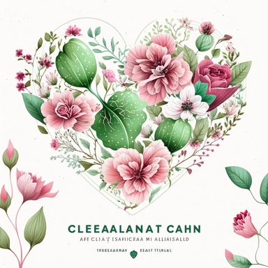 green and pink Floral Hearts Clipart, flower heart Valentine illustrations,white background