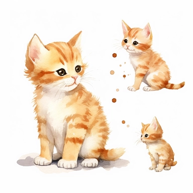 A charming watercolor cat clipart bundle, the side view of a baby cat walking with grace and elegance. showcasing an adorable cat cub engrossed in playful activities. Against a clean white background, the watercolor painting depicts the cub's unbridled enjoyment and sense of fun. This cute baby animal clipart bundle infuses designs with a lively and joyful atmosphere, creating a delightful and engaging visual experience. /artistic_style:Watercolor painting /background:white /subject:playful cat 