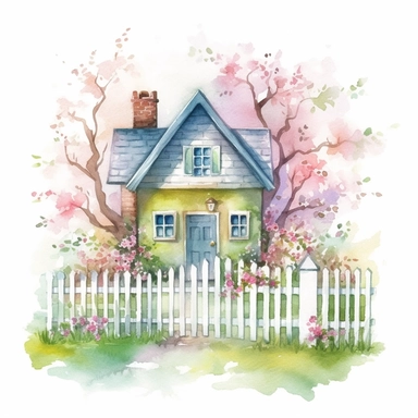 clipart, isolated on white background, beautiful cute Watercolor Spring Cottage - cute little house with fence and chimney, tree and flowers, ornated, pastel colors