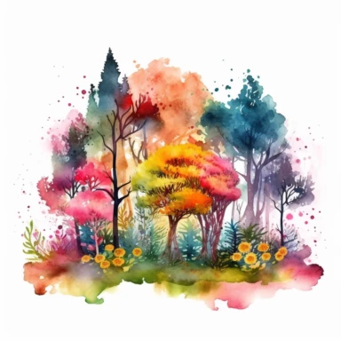 magical watercolor forest clipart, where fantasy and watercolor artistry intertwine. The forest comes to life with a kaleidoscope of vibrant colors, as if painted by the brush of a master artist. The trees, with their intricate details and whimsical foliage, create a backdrop of enchantment, white background, 4k