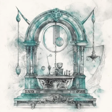 an altar under the crescent moon , in the style of mystic mechanisms ,pencil art illustrations, Isolated white background, reimagined by industrial light and magic, lith printing, illusory images, watercolor clipart, very subtle emerald tones, , ,