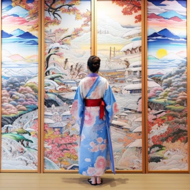 Construct a generative art installation that uses algorithmic techniques to create an ever - changing display of comical manga panels, featuring iconic Japanese characters experiencing humorous and unexpected situations, Florentijn Hofman wearing a beauty of Japan kimono, art by Florentijn Hofman. incredibly detailed, sharpen details, watercolor & Gouache painting, Premium clipart, clean line, on only white background, spaced out, award winning picture, incredibly detailed, sharpen details, Colo
