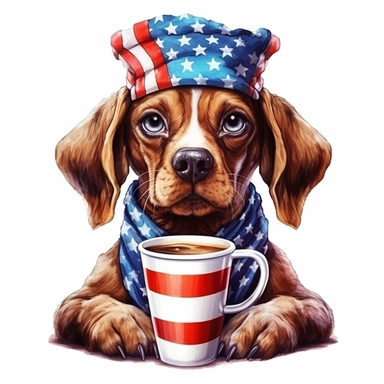 Independence Day Dog with coffee cup on jealous face Sublimation Clipart