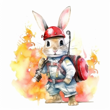 Create a courageous watercolor clipart image with a white background, portraying a fearless and cute cartoon rabbit firefighter with a fire extinguisher, confidently battling flames