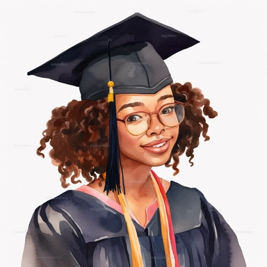 watercolor black female student graduation clipart on a white background